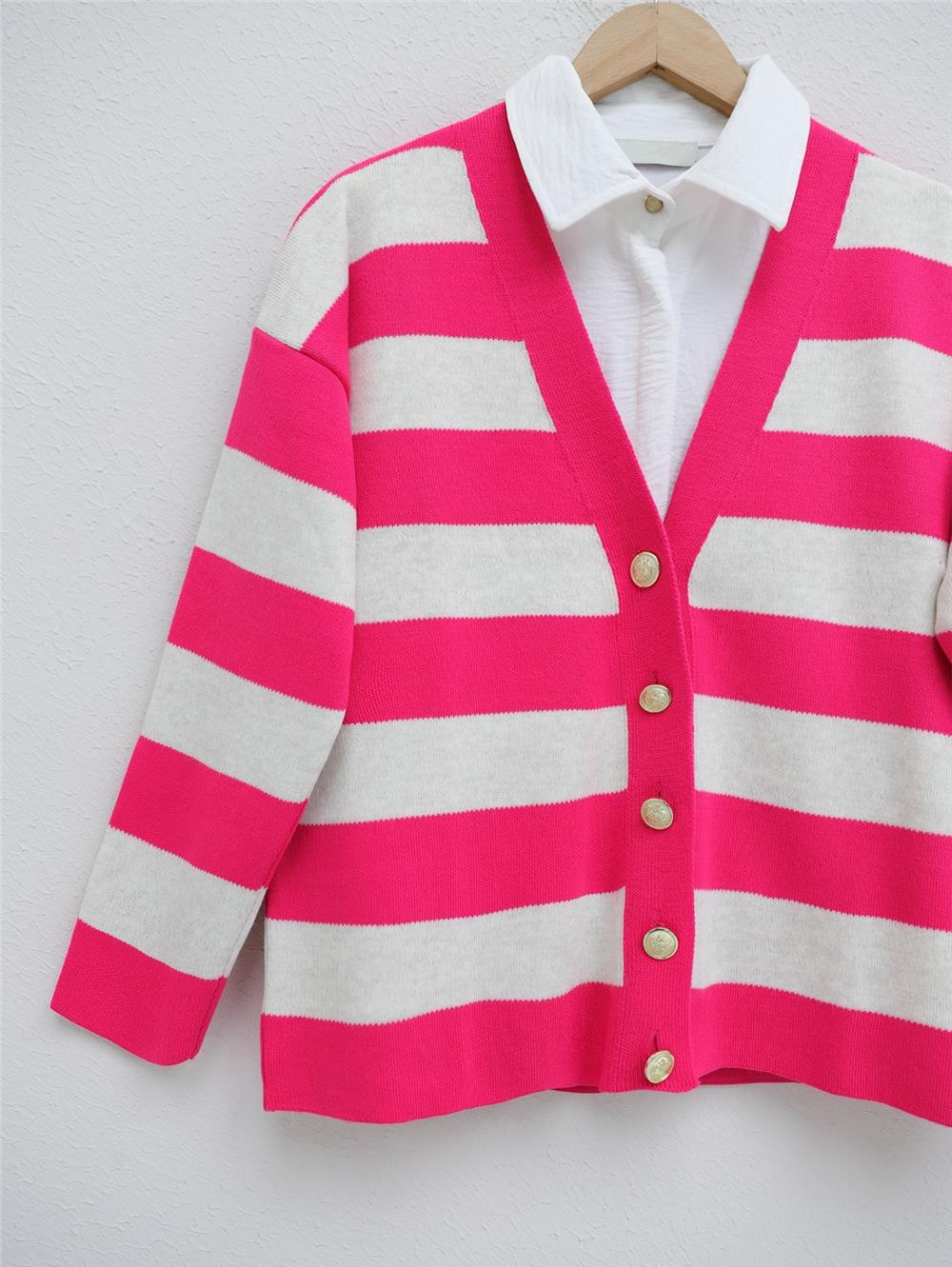 Thick Striped Araboy Knitwear Cardigan -Fuchsia-357-5188-R14