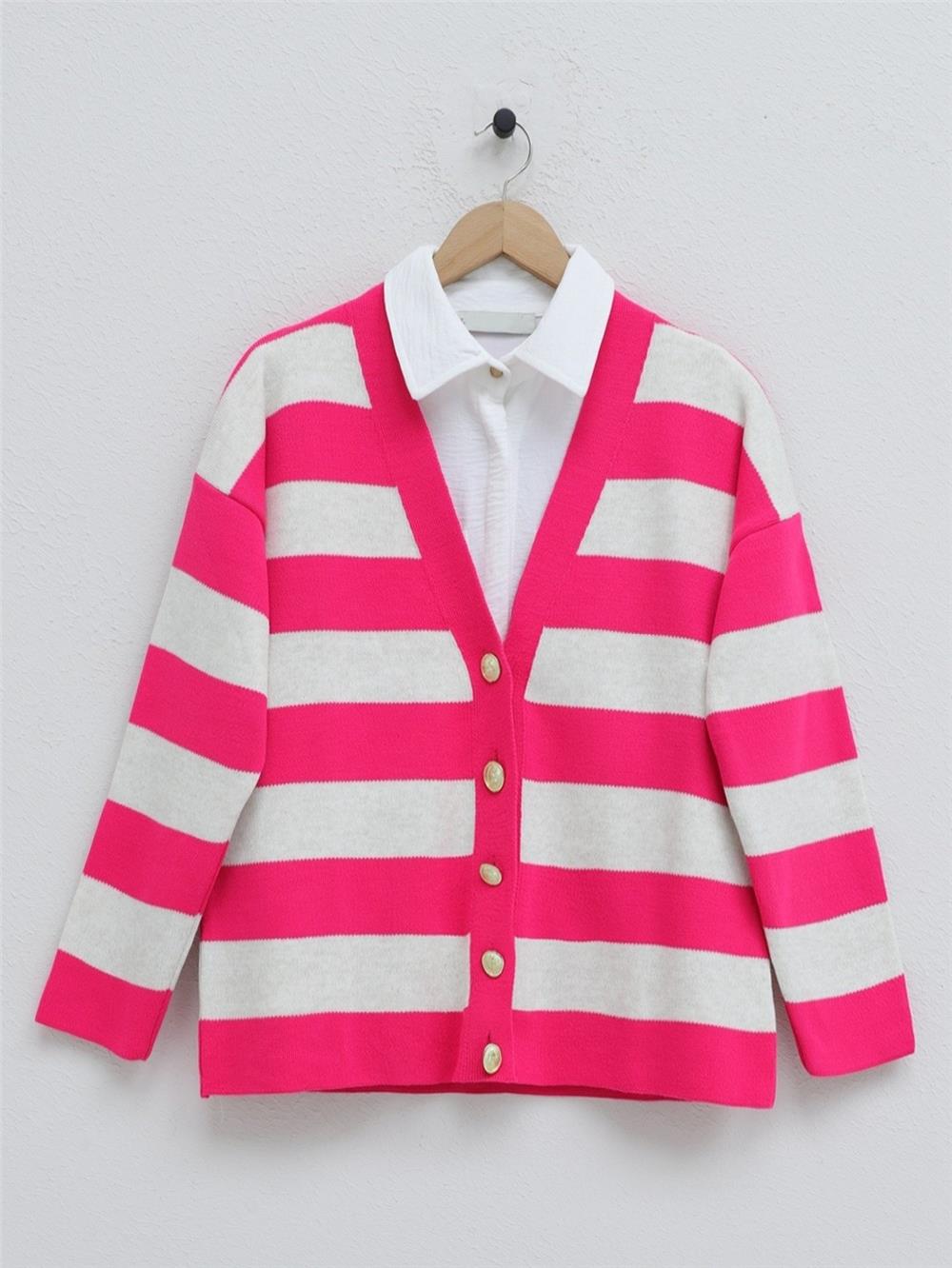 Thick Striped Araboy Knitwear Cardigan -Fuchsia-357-5188-R14