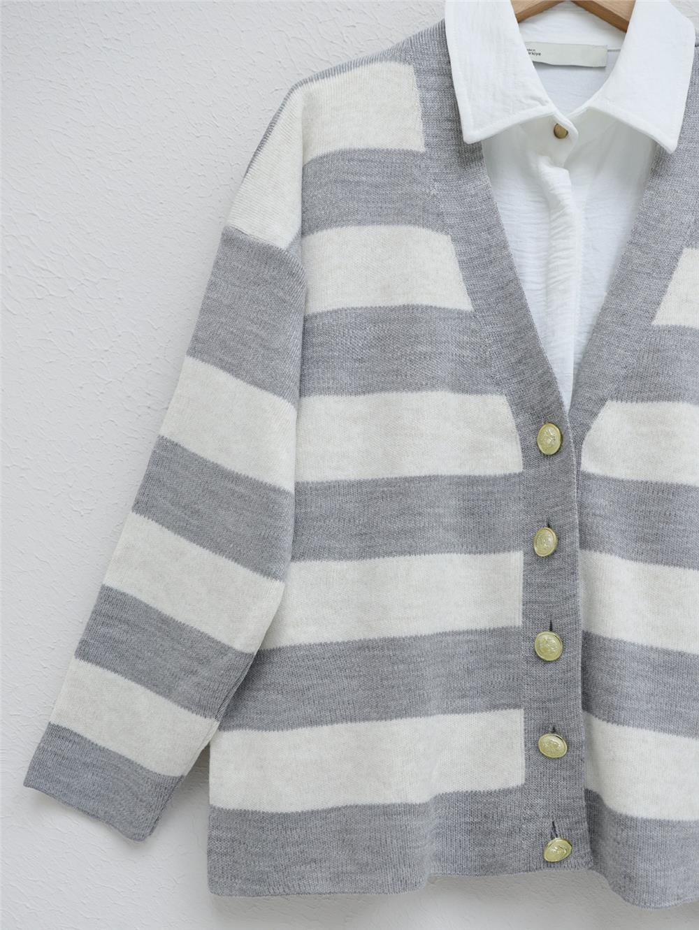 Thick Striped Araboy Knitwear Cardigan - Gray-357-5188-R11