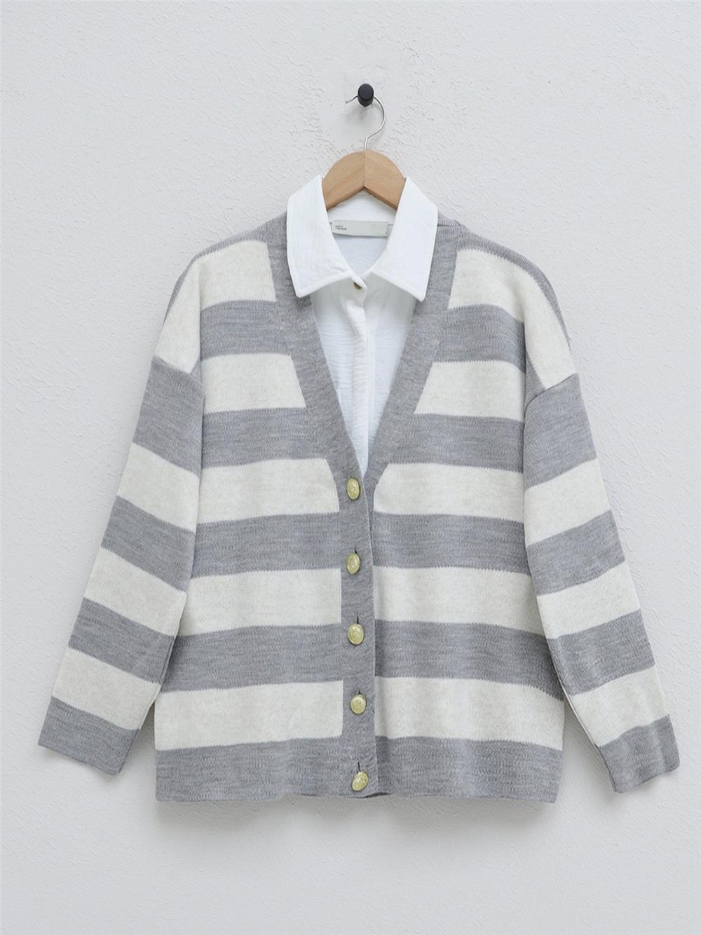 Thick Striped Araboy Knitwear Cardigan - Gray-357-5188-R11