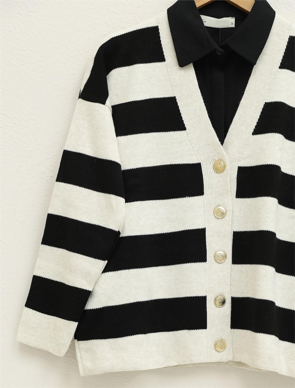 Thick Striped Araboy Knitwear Cardigan -Stone-357-5188-R43