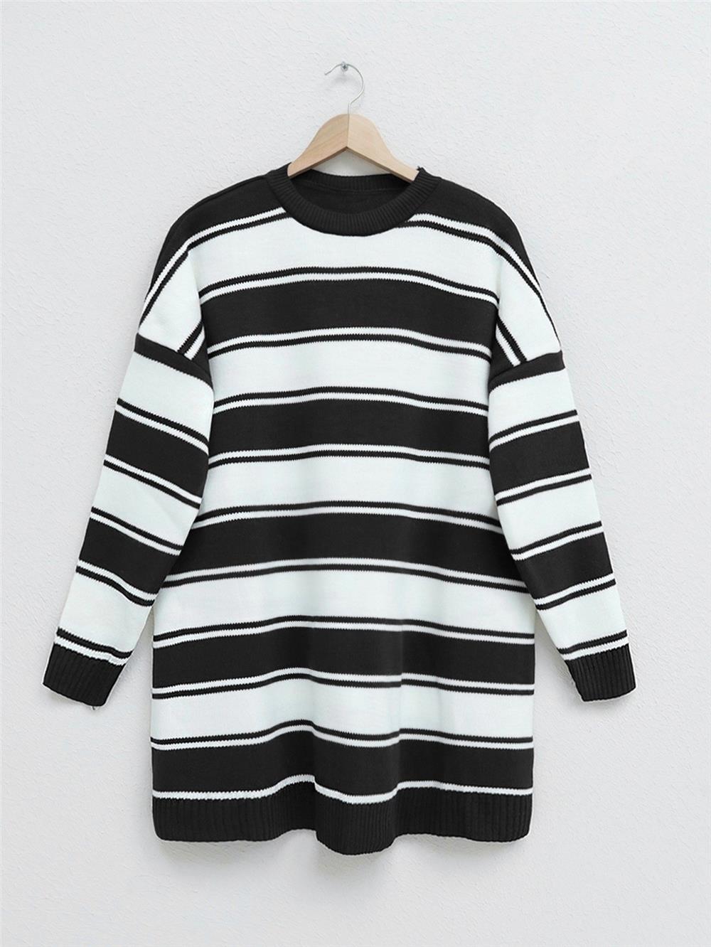 Thick Striped Loose Knitwear Tunic -Black-109-1021-R01