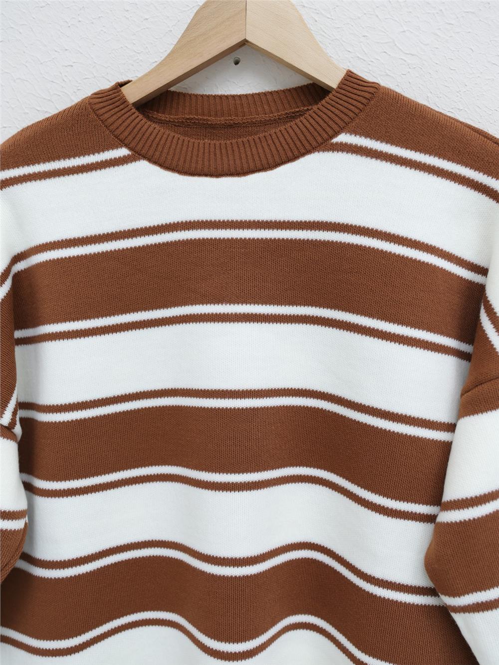 Thick Striped Loose Knitwear Tunic -Tan-109-1021-R12