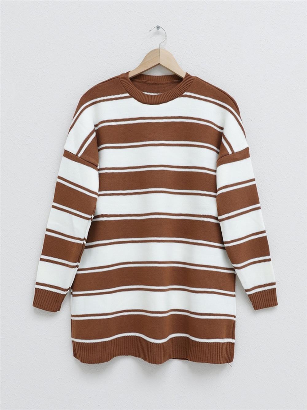 Thick Striped Loose Knitwear Tunic -Tan-109-1021-R12