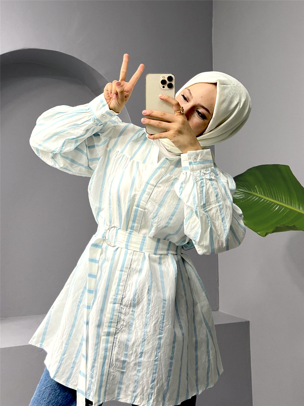 Thick Striped Buckle Belt Shirt -Light Blue-223-6258-R25