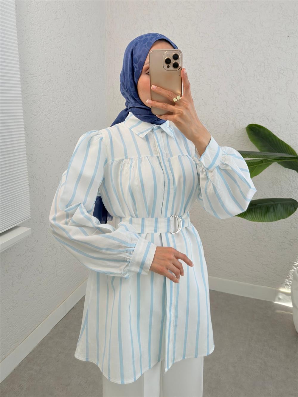 Thick Striped Buckle Belt Shirt -Light Blue-223-6258-R25