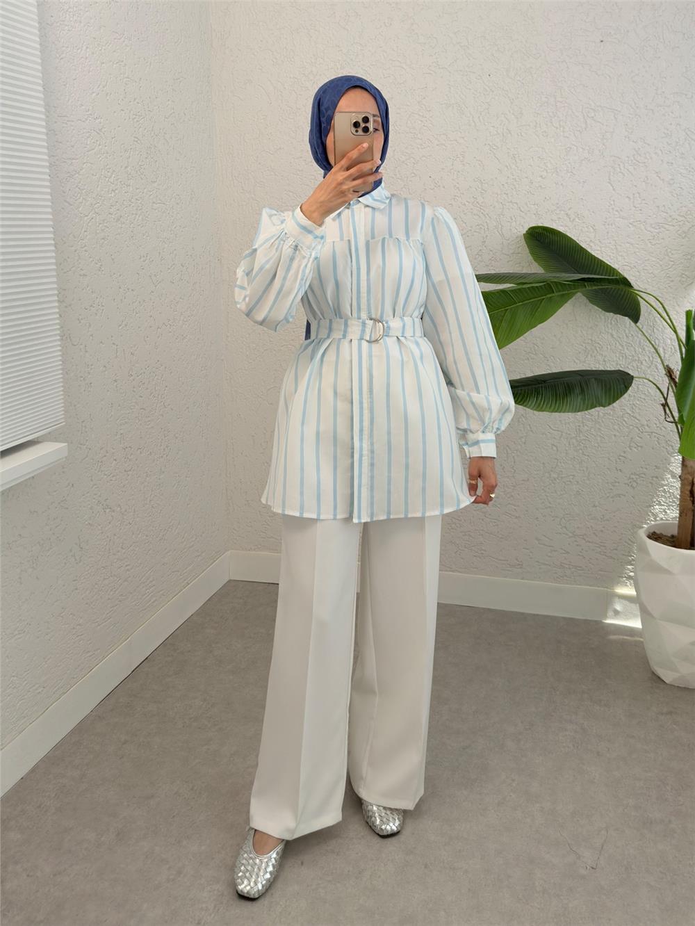 Thick Striped Buckle Belt Shirt -Light Blue-223-6258-R25