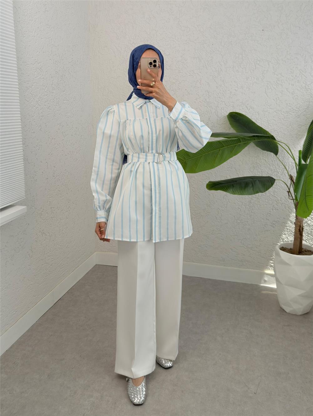 Thick Striped Buckle Belt Shirt -Light Blue-223-6258-R25