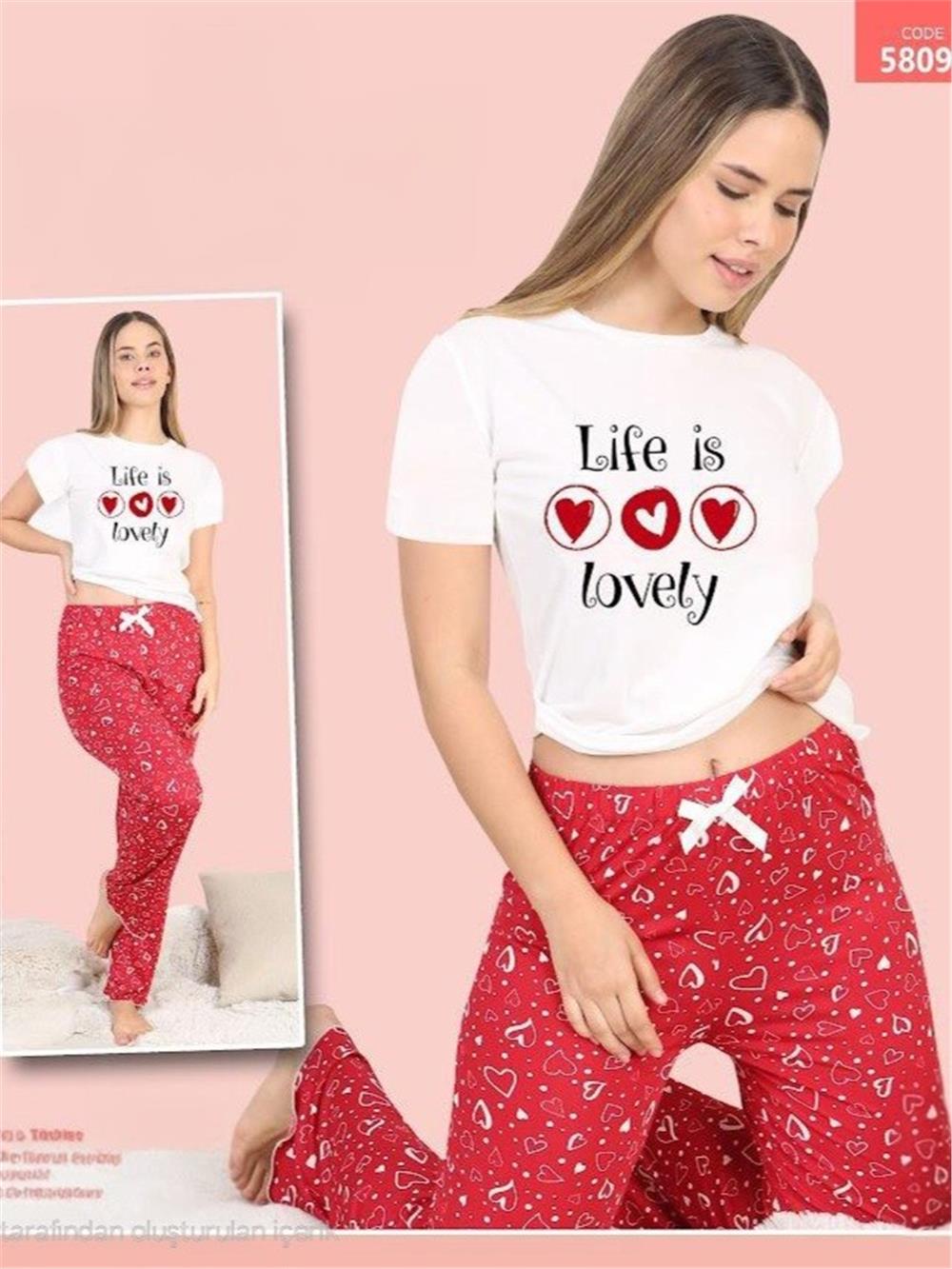 Kalp Desenli Kısa Kollu Pijama Takımı -Kırmızı-416-58097-R33