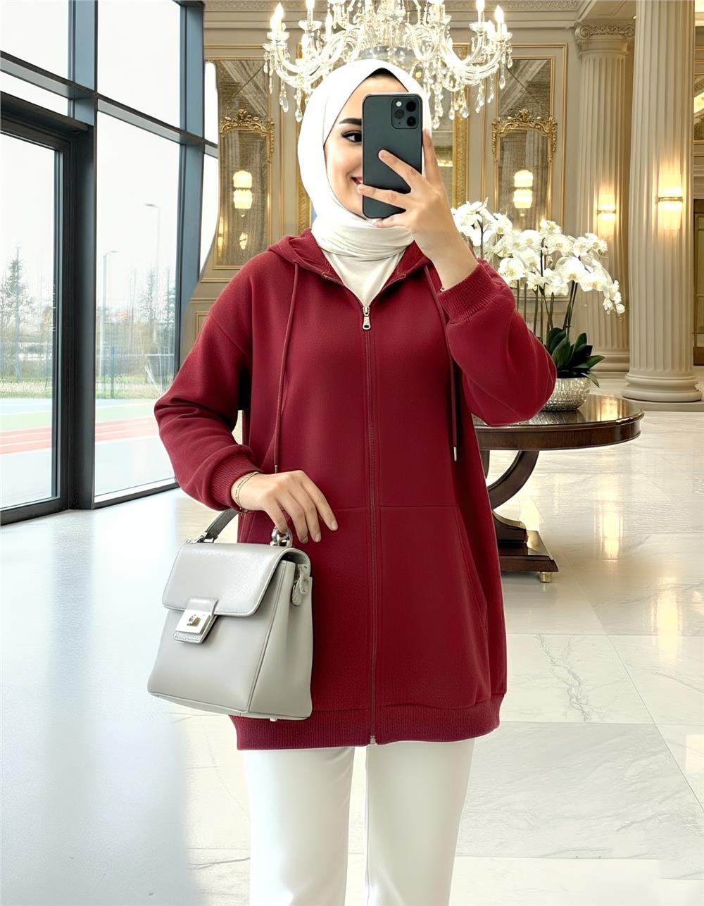 Kanguru Cepli Kapşonlu Fermuarlı Sweat -Bordo-362-4248-R04