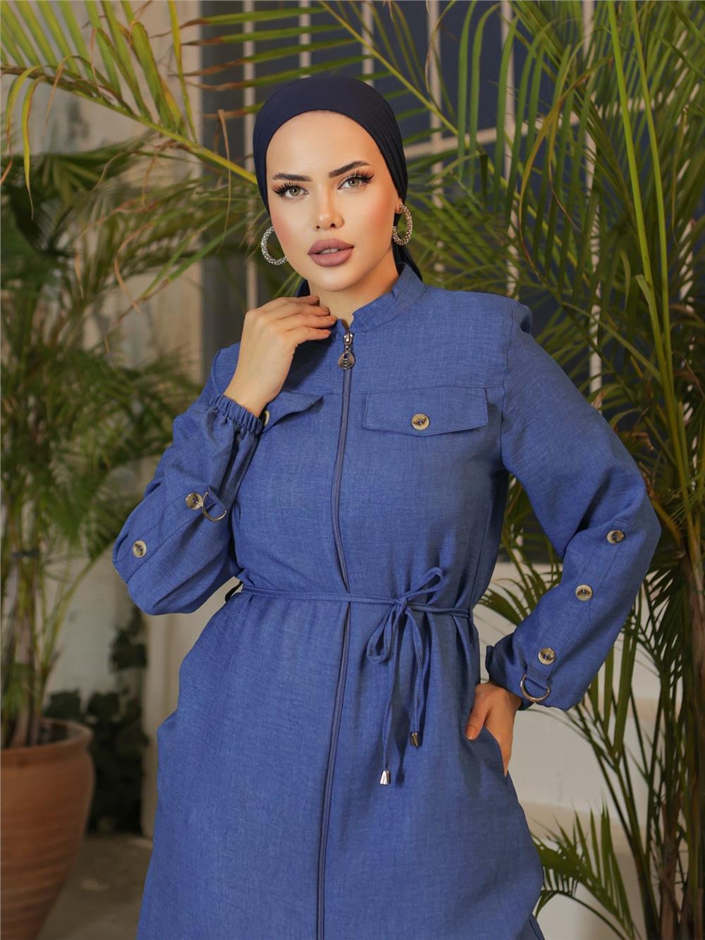 Full-Length Zippered Linen Cape with Lid Pocket - Indigo-186-645-R21