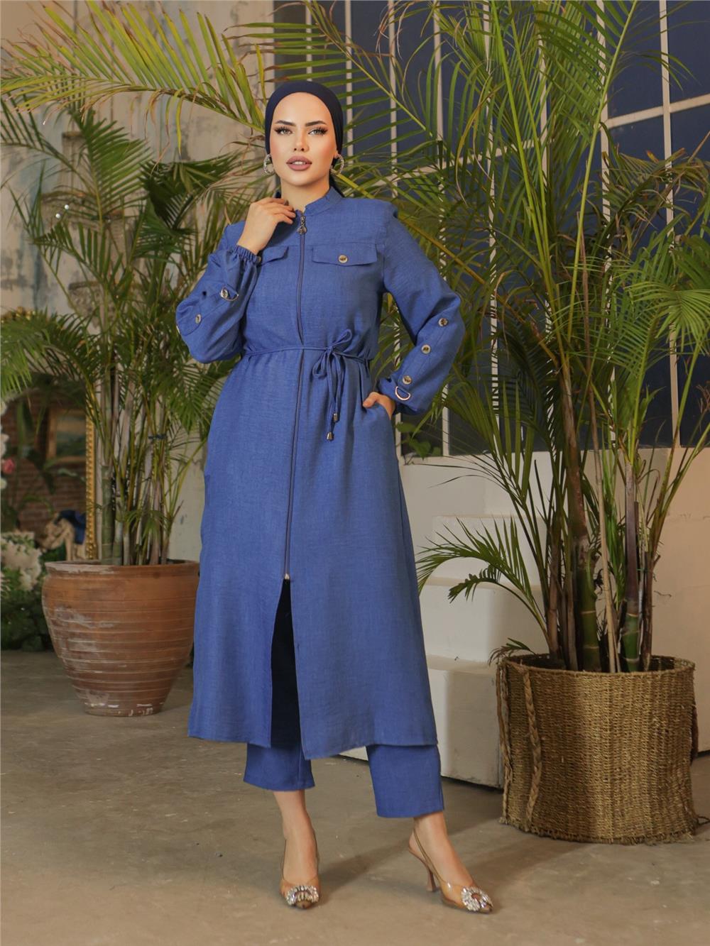 Full-Length Zippered Linen Cape with Lid Pocket - Indigo-186-645-R21