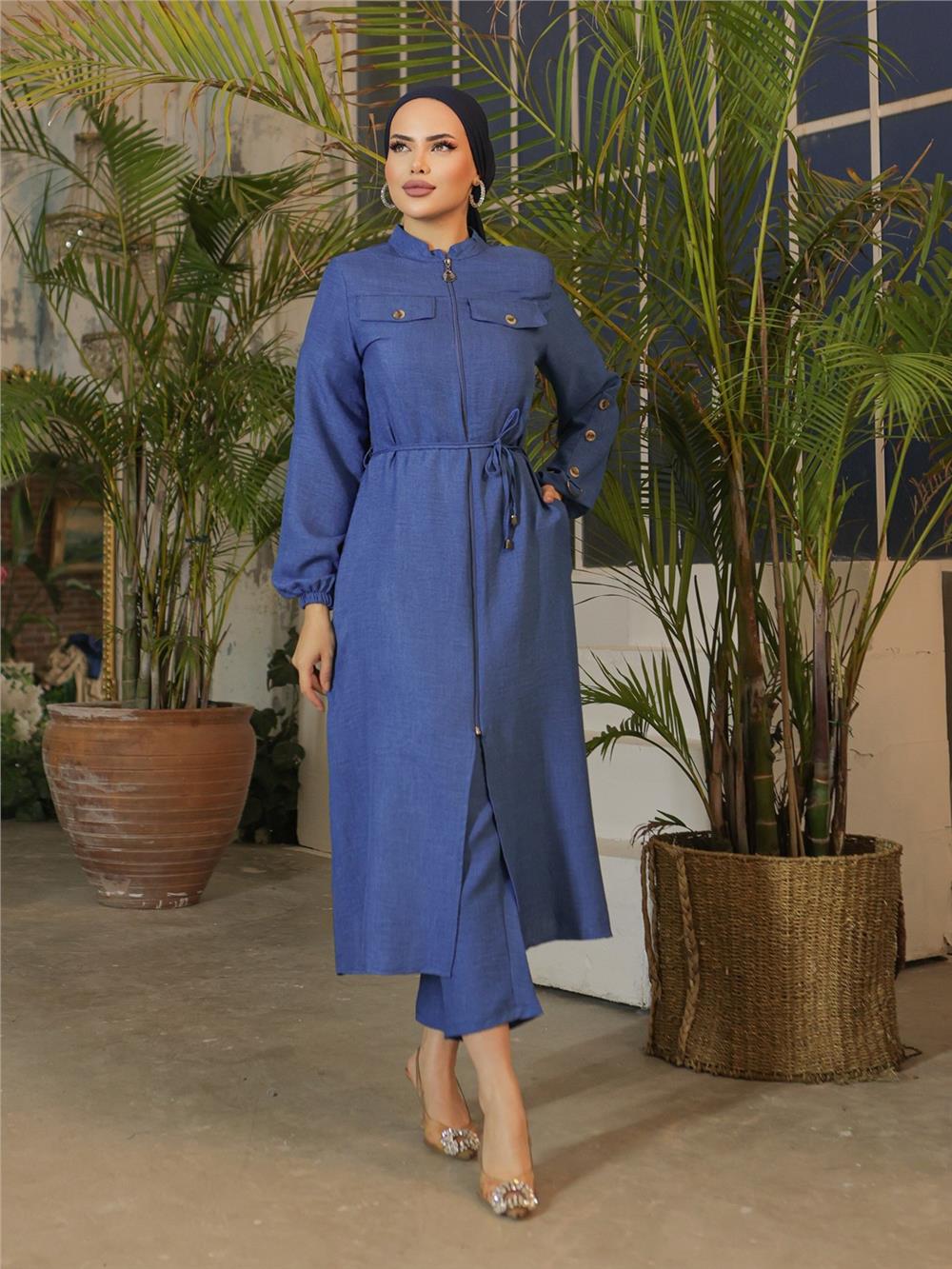 Full-Length Zippered Linen Cape with Lid Pocket - Indigo-186-645-R21