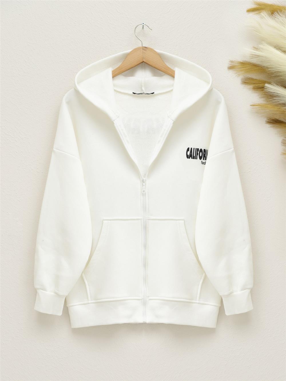 Hooded Back Printed Sweat Fleece -White-357-3043-R02