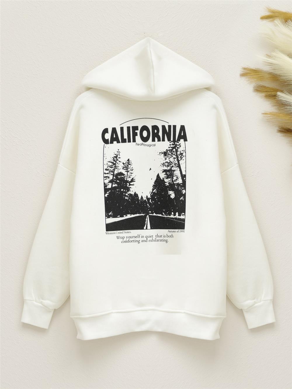 Hooded Back Printed Sweat Fleece -White-357-3043-R02