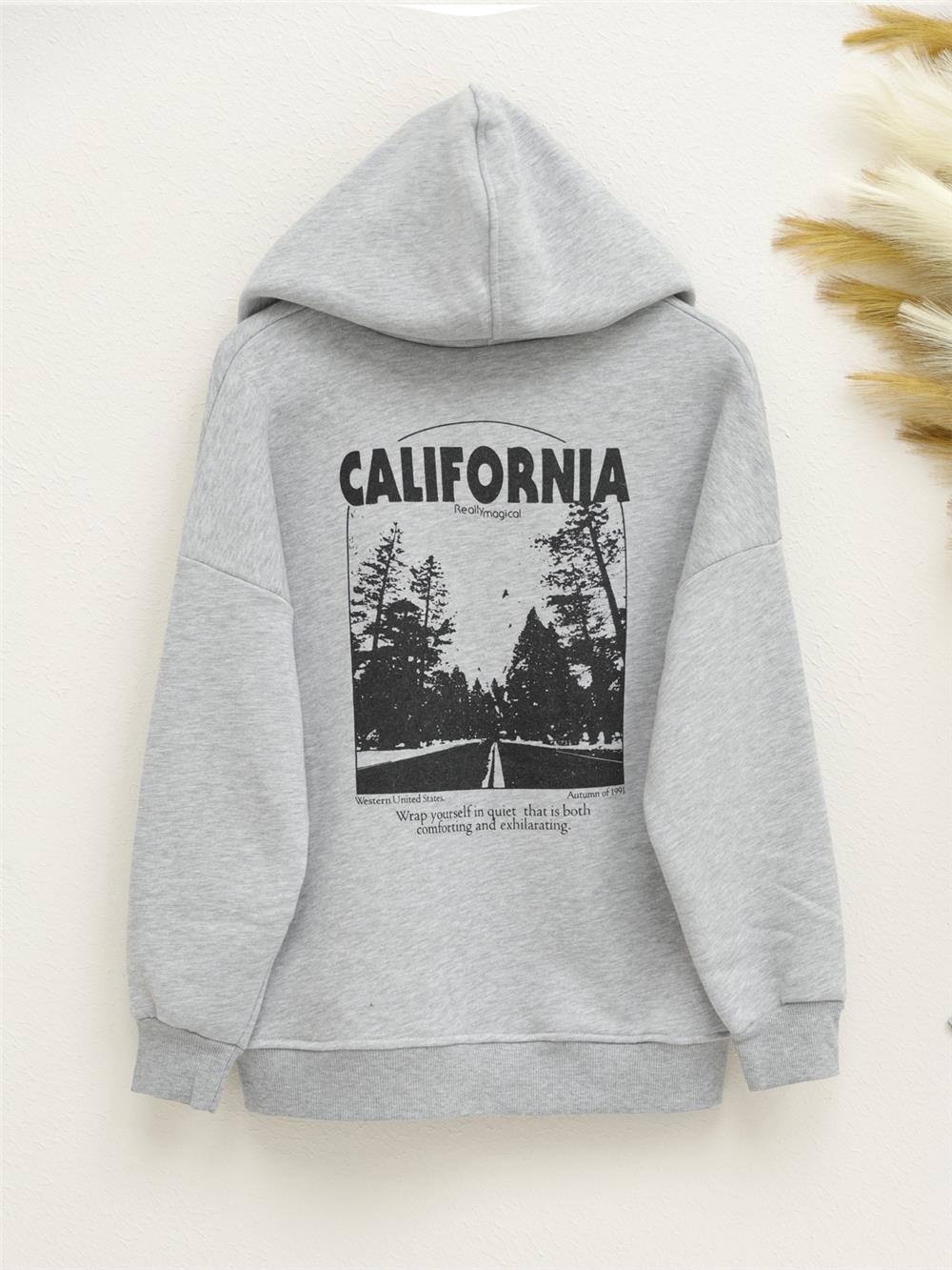 Hooded Back Printed Sweat Fleece - Gray-357-3043-R11