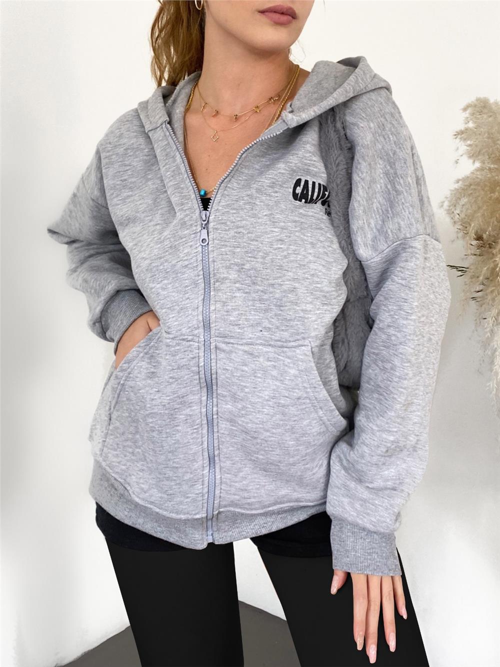 Hooded Back Printed Sweat Fleece - Gray-357-3043-R11