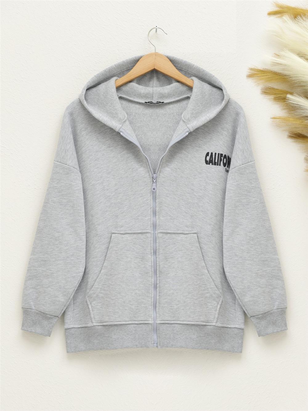 Hooded Back Printed Sweat Fleece - Gray-357-3043-R11