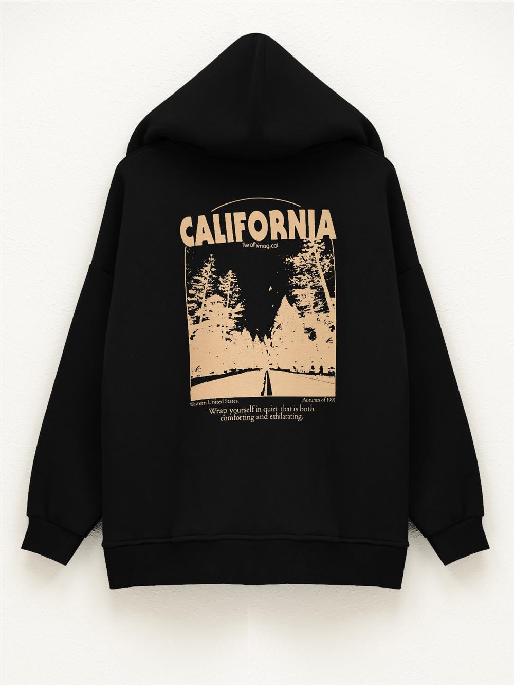 Hooded Back Printed Sweat Fleece - Black-357-3043-R01
