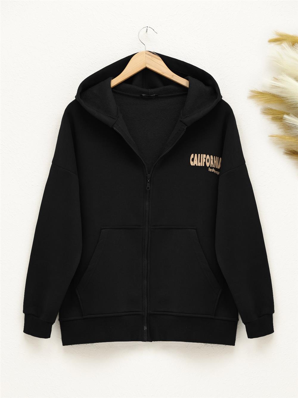 Hooded Back Printed Sweat Fleece - Black-357-3043-R01