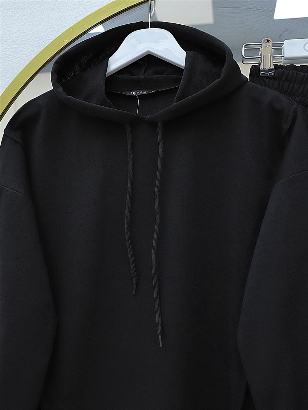 Hooded Embroidery Detailed Combed Cotton Suit -Black-349-4081-R01