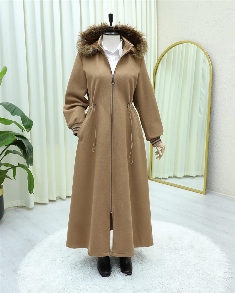 Kapşonlu Beli Lastikli Cepli Kaşe Kaban -Taba-197-9503-R12