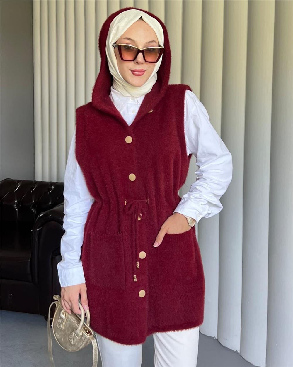 Kapşonlu Cepli Beli Bağlamalı Sakallı Yelek -Bordo-144-251438-R04