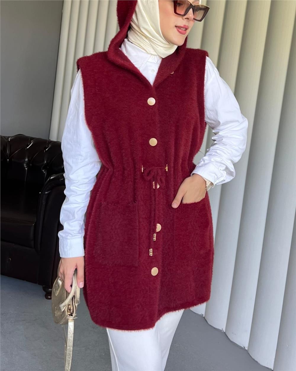 Kapşonlu Cepli Beli Bağlamalı Sakallı Yelek -Bordo-144-251438-R04