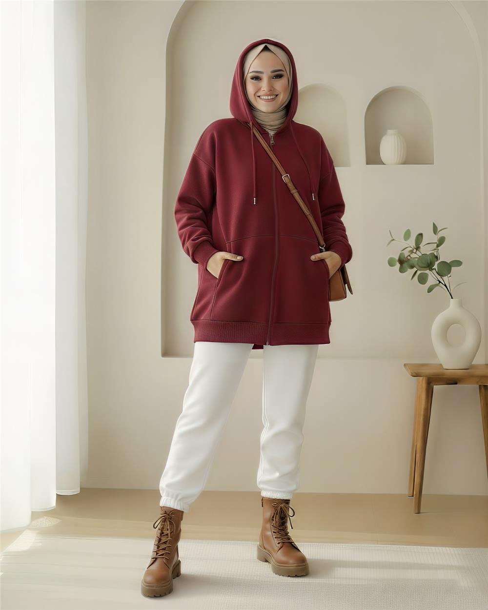 Kapşonlu Cepli Fermuarlı Penye Polar -Bordo-104-1397-R04