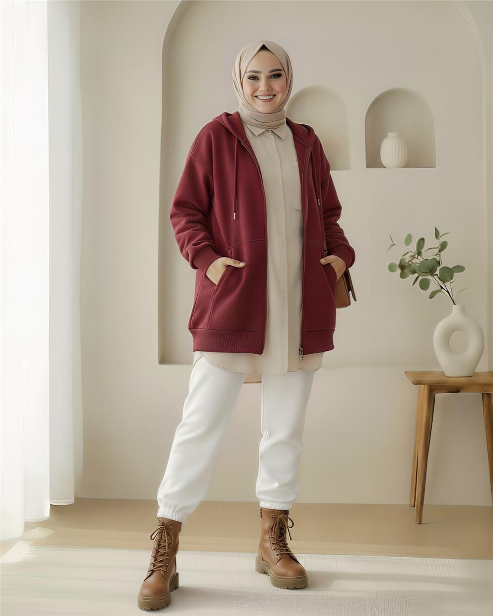 Kapşonlu Cepli Fermuarlı Penye Polar -Bordo-104-1397-R04