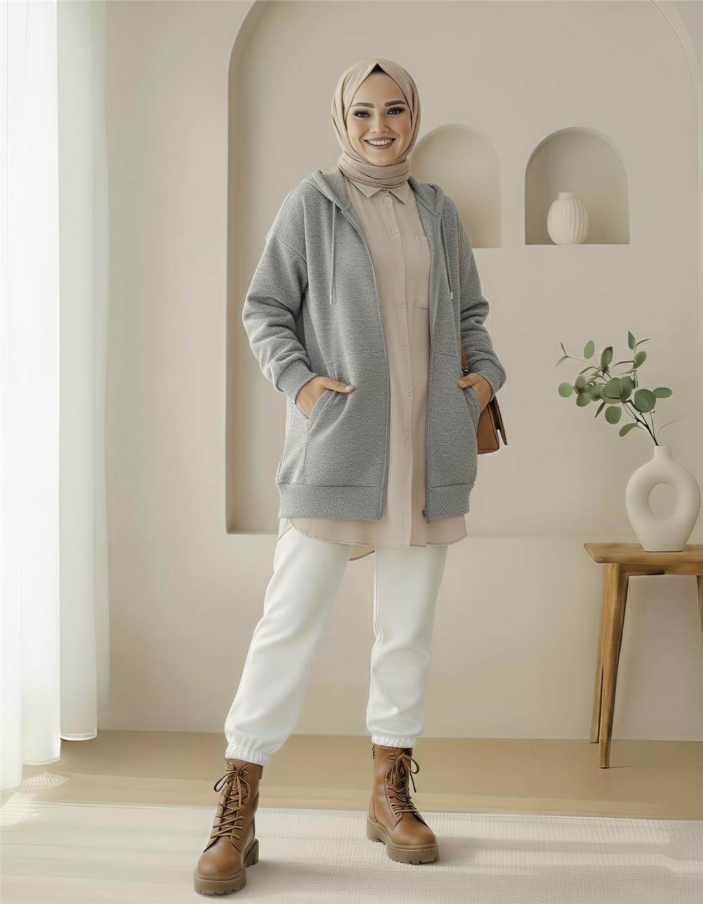 Kapşonlu Cepli Fermuarlı Penye Polar -Gri-104-1397-R11