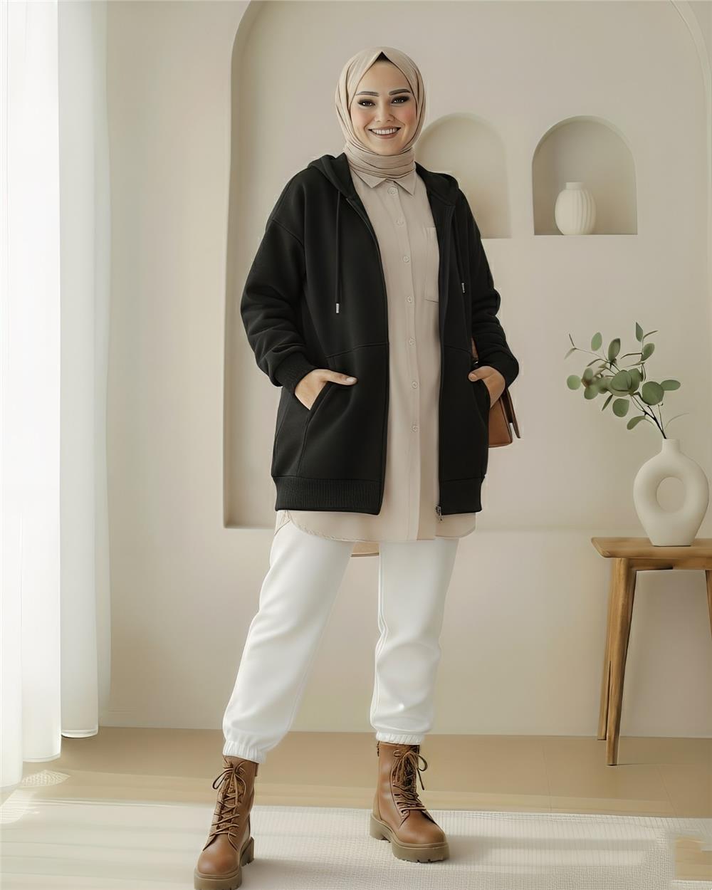 Kapşonlu Cepli Fermuarlı Penye Polar -Siyah-104-1397-R01