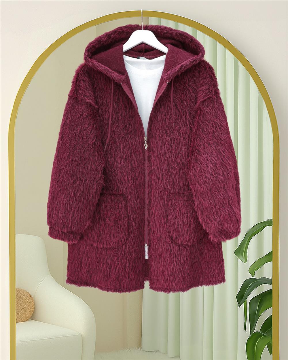 Kapşonlu Cepli Fermuarlı Sakallı Kap -Bordo-398-55006-R04