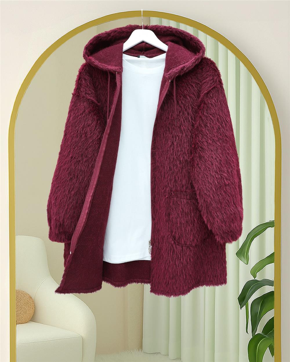Kapşonlu Cepli Fermuarlı Sakallı Kap -Bordo-398-55006-R04
