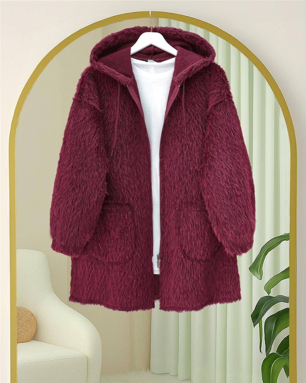 Kapşonlu Cepli Fermuarlı Sakallı Kap -Bordo-398-55006-R04