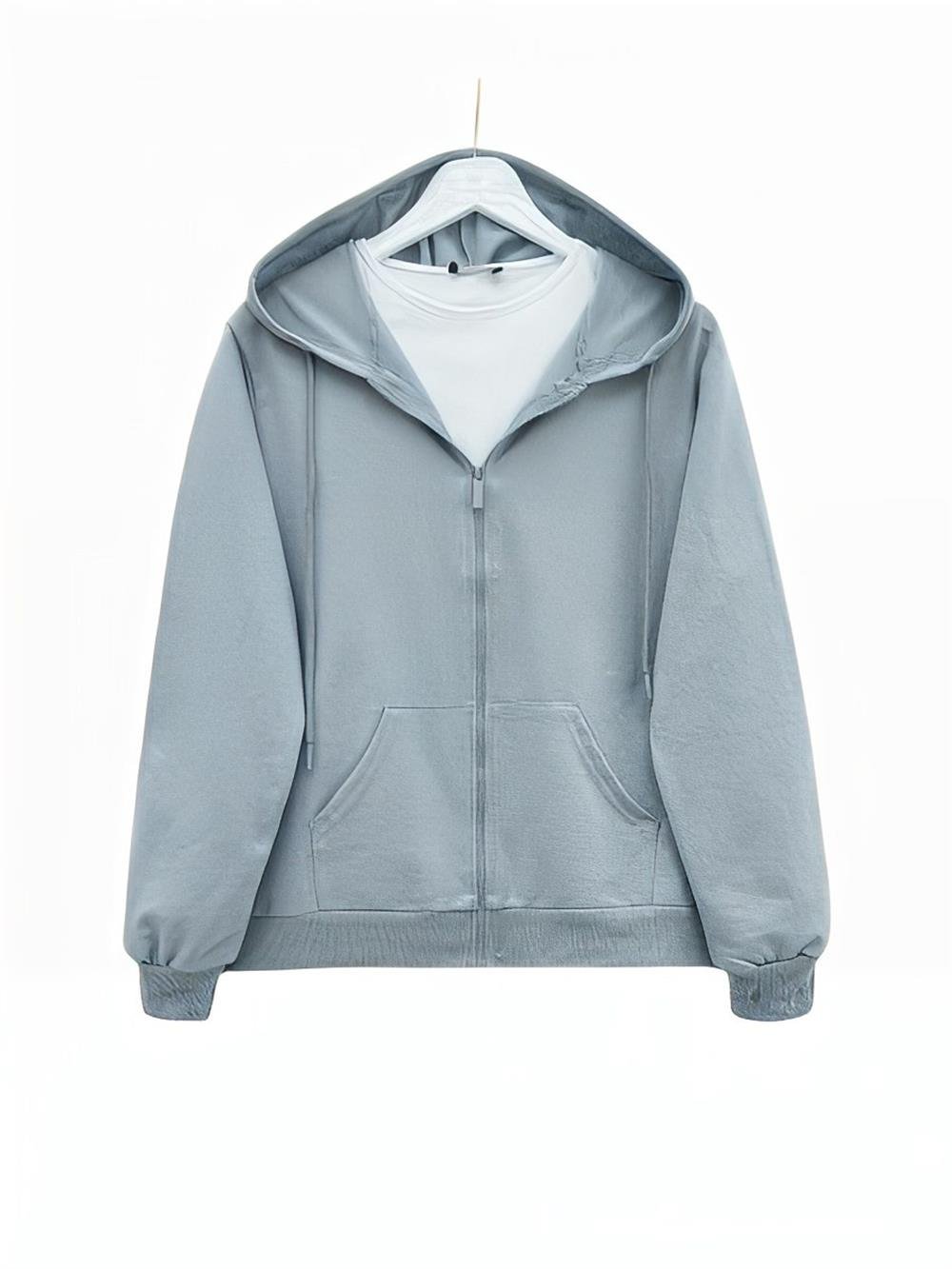 Kapşonlu Fermuarlı Cepli Penye Sweat -Gri-104-3293-R11