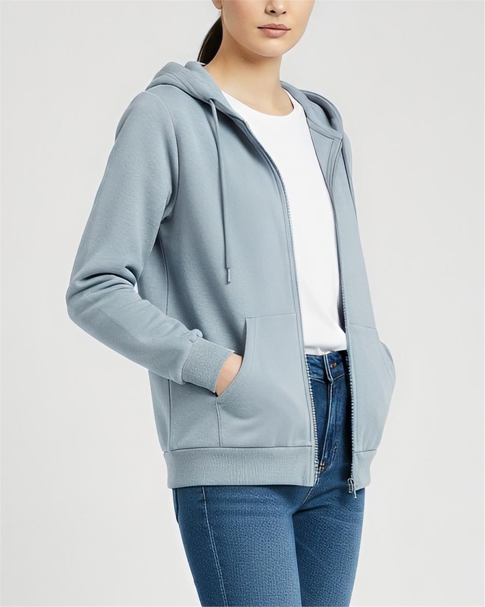 Kapşonlu Fermuarlı Cepli Penye Sweat -Gri-104-3293-R11