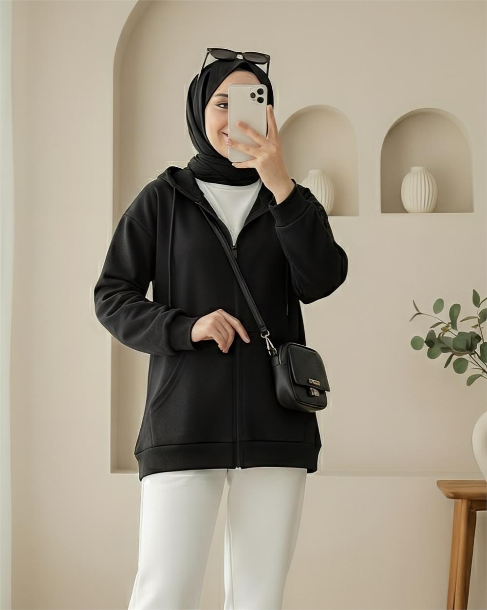Kapşonlu Fermuarlı Cepli Penye Sweat -Siyah-104-3293-R01