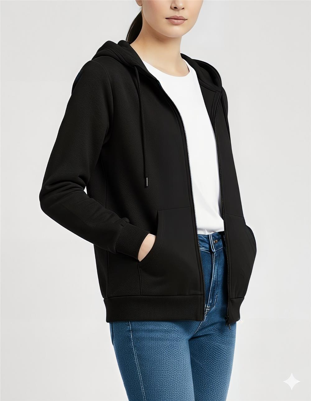 Kapşonlu Fermuarlı Cepli Penye Sweat -Siyah-104-3293-R01