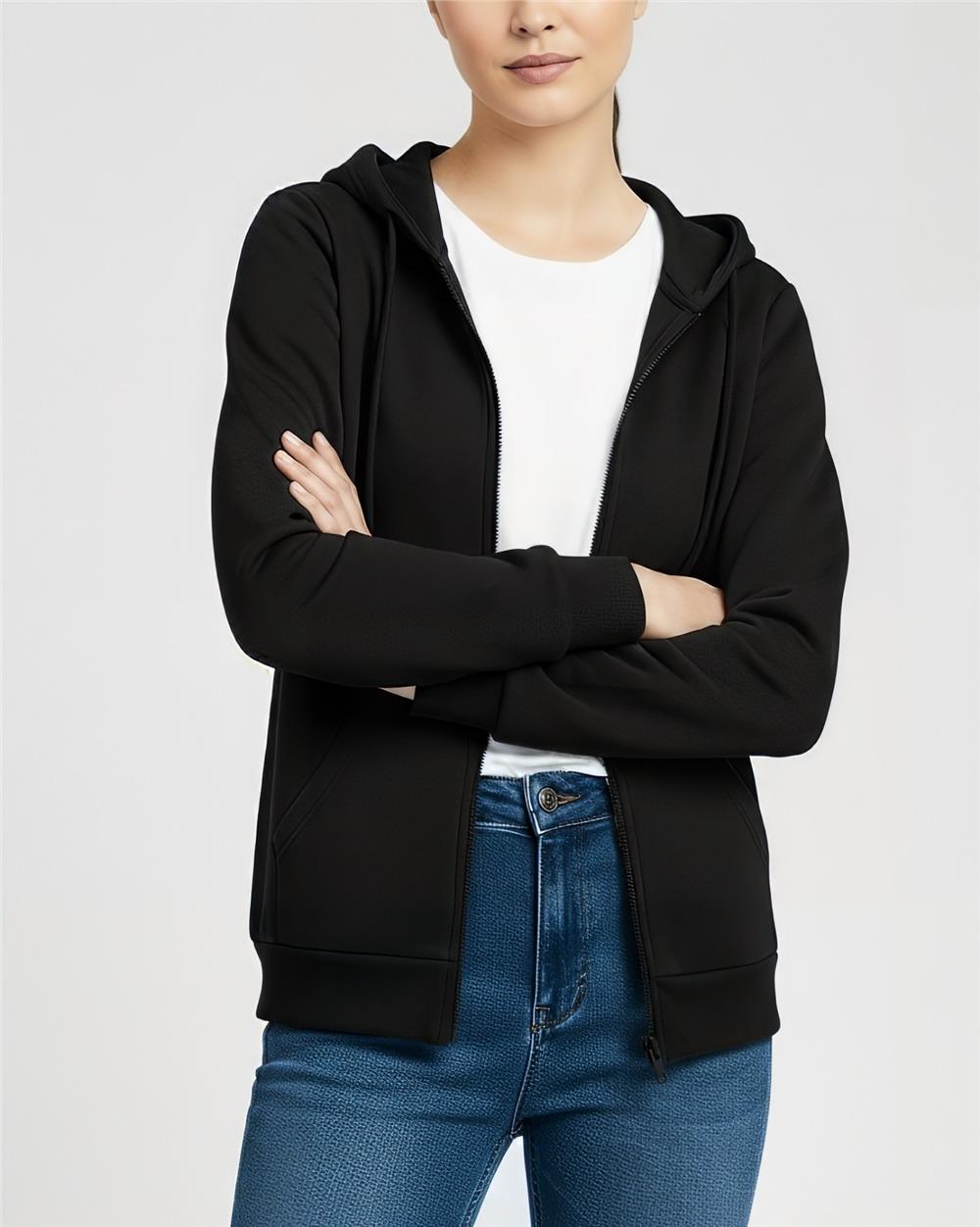 Kapşonlu Fermuarlı Cepli Penye Sweat -Siyah-104-3293-R01