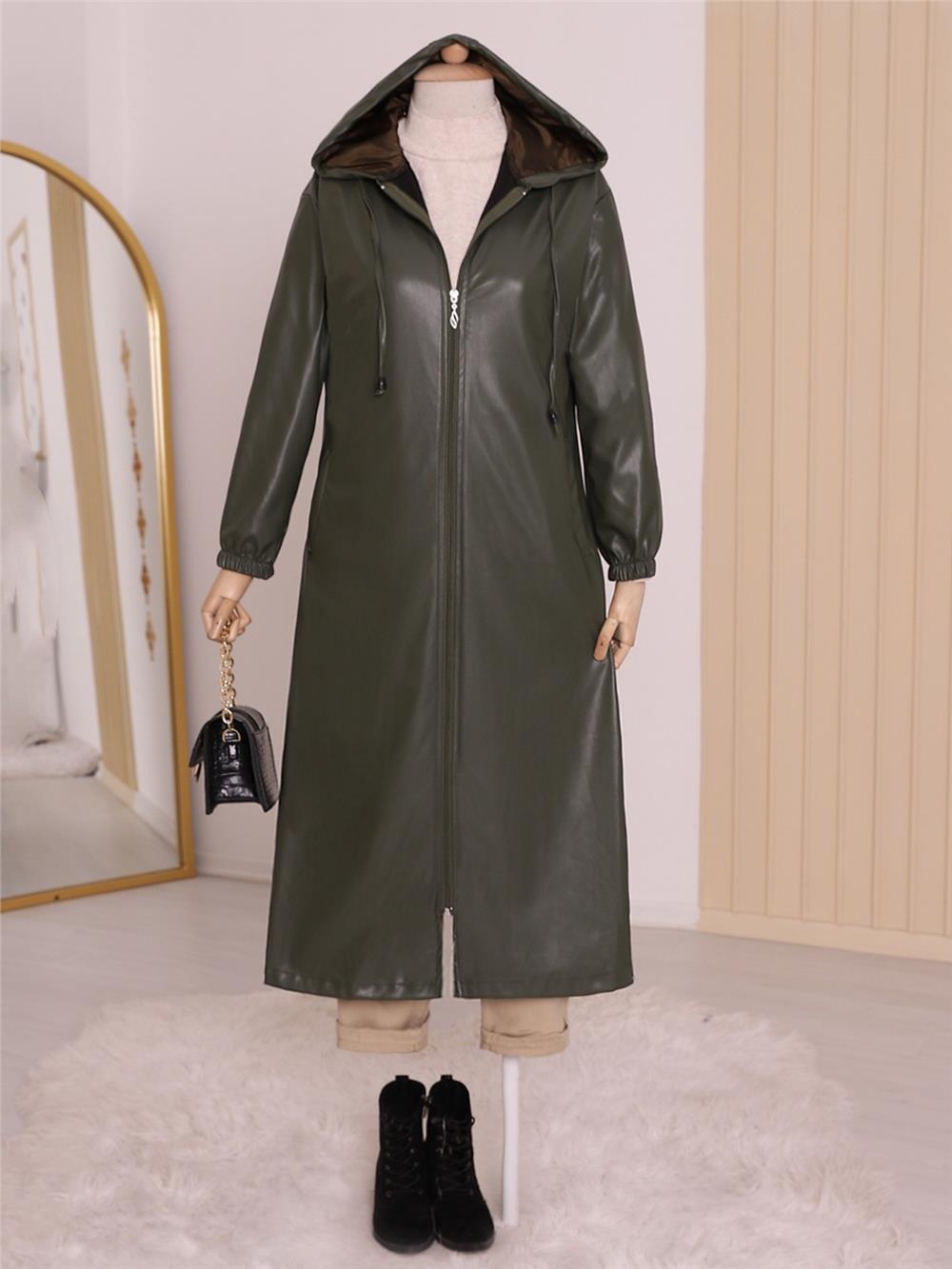Hooded Zippered Leather Cap with Elastic Sleeves -Khaki-192-8230-R05