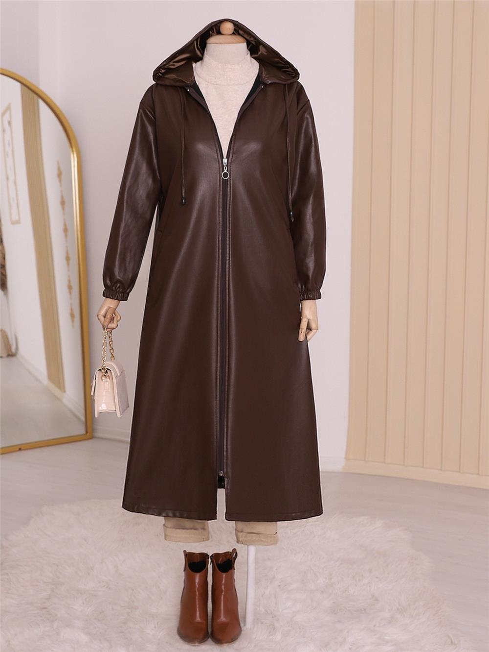 Hooded Zippered Leather Cap with Elastic Sleeves -Brown-192-8230-R15