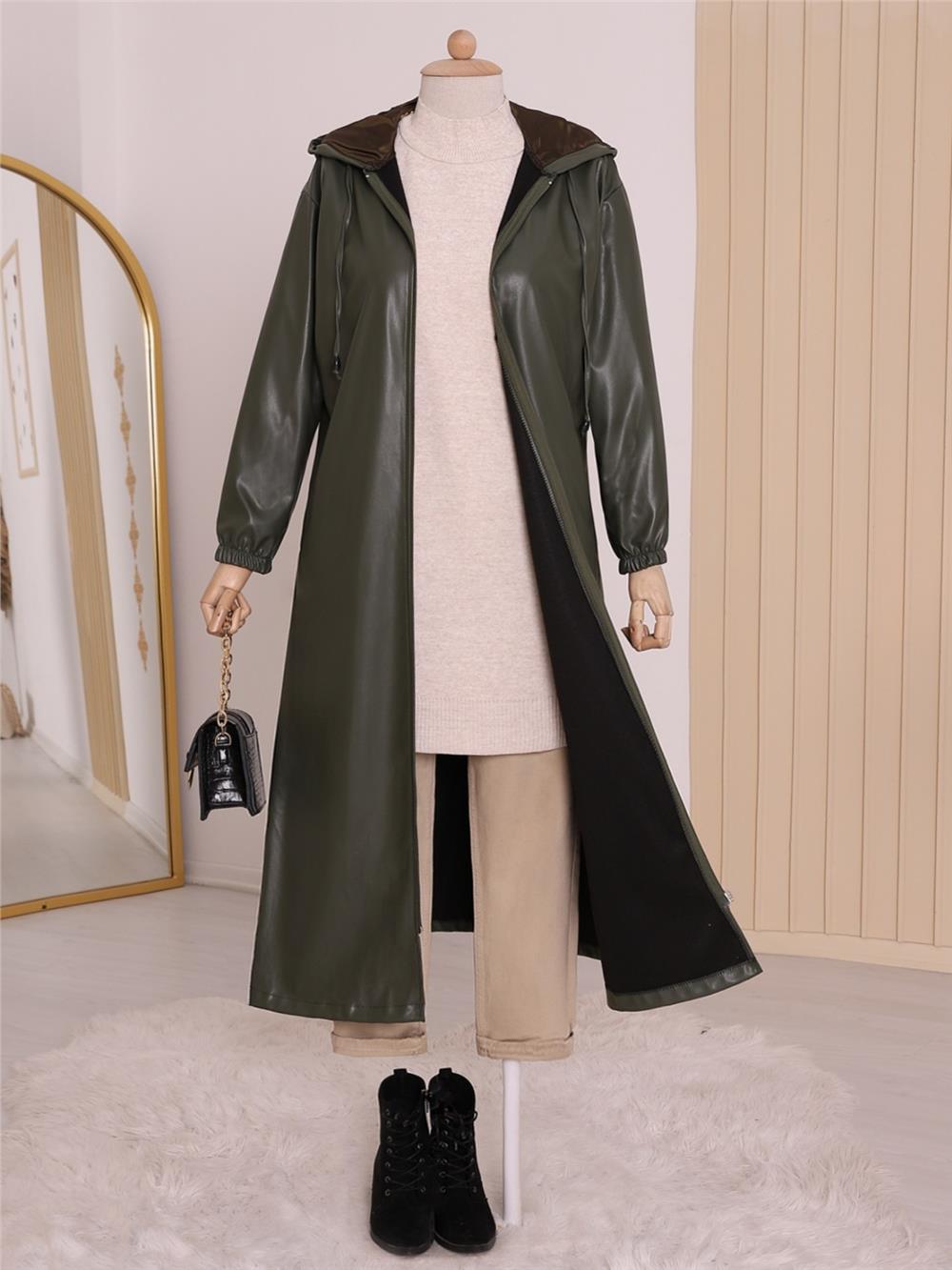 Hooded Zippered Leather Cap with Elastic Sleeves -Khaki-192-8230-R05