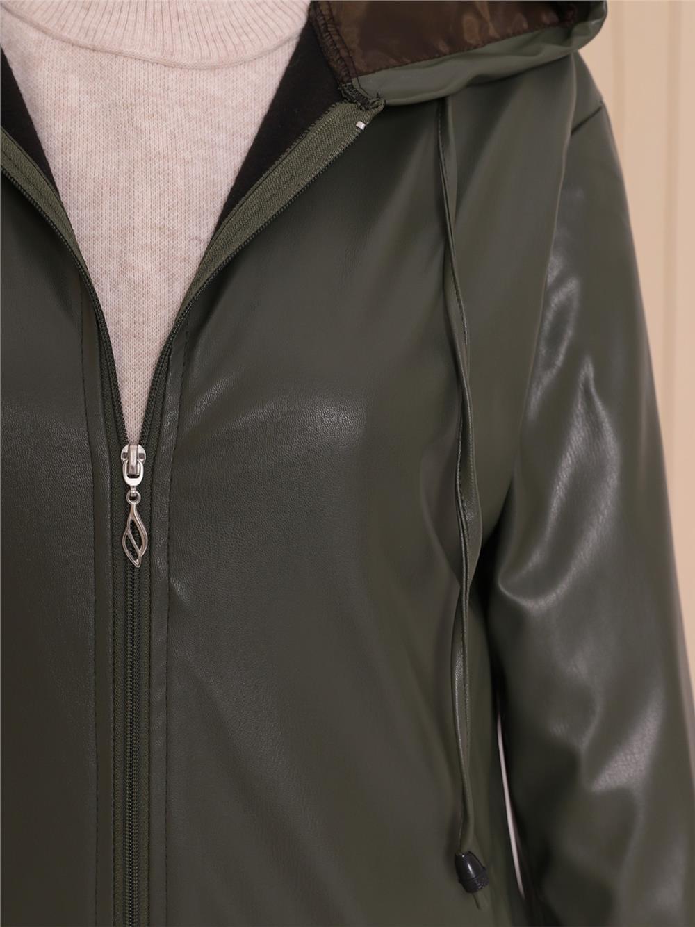 Hooded Zippered Leather Cap with Elastic Sleeves -Khaki-192-8230-R05