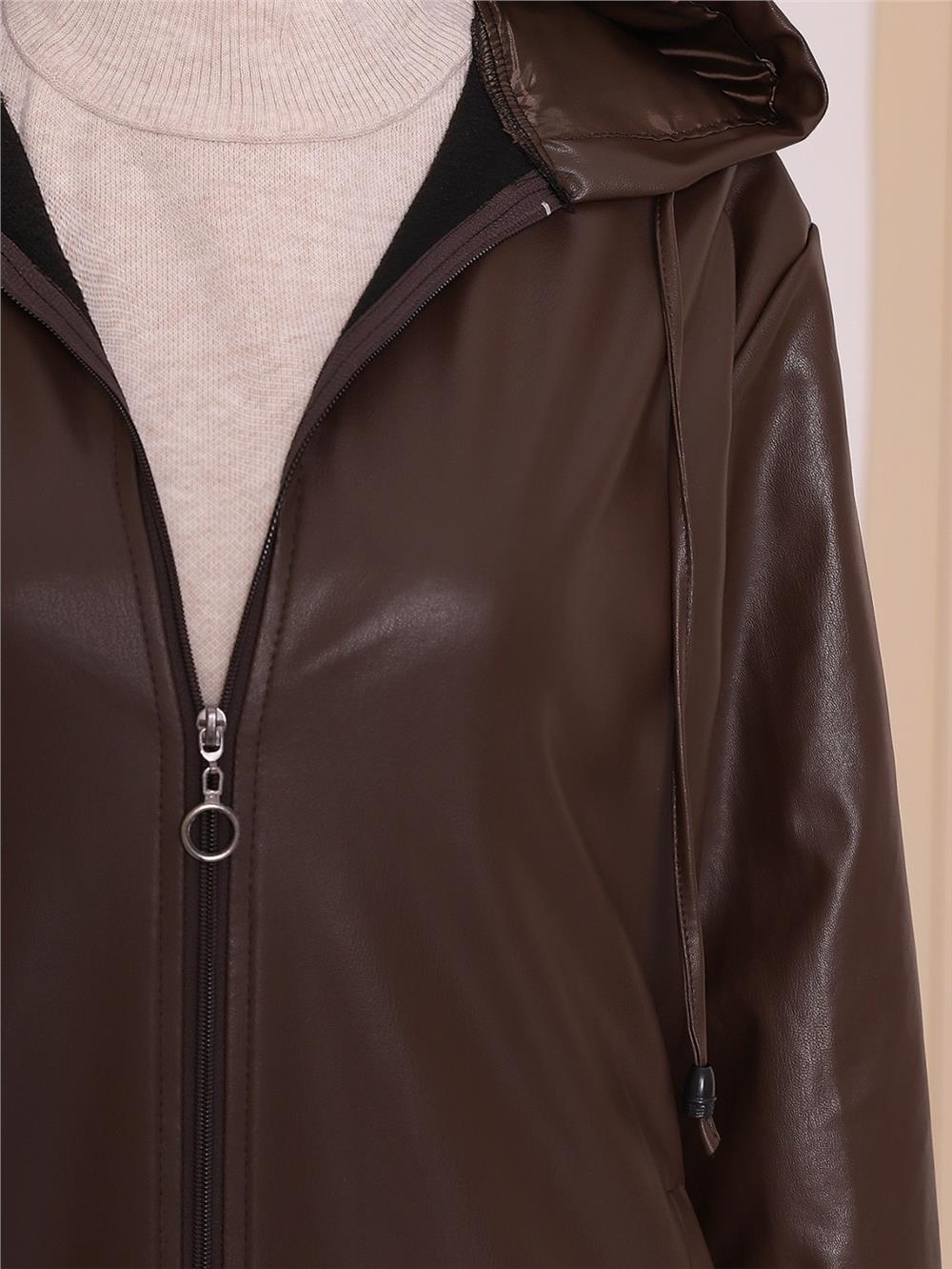 Hooded Zippered Leather Cap with Elastic Sleeves -Brown-192-8230-R15
