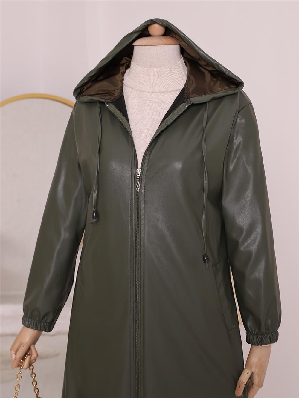 Hooded Zippered Leather Cap with Elastic Sleeves -Khaki-192-8230-R05