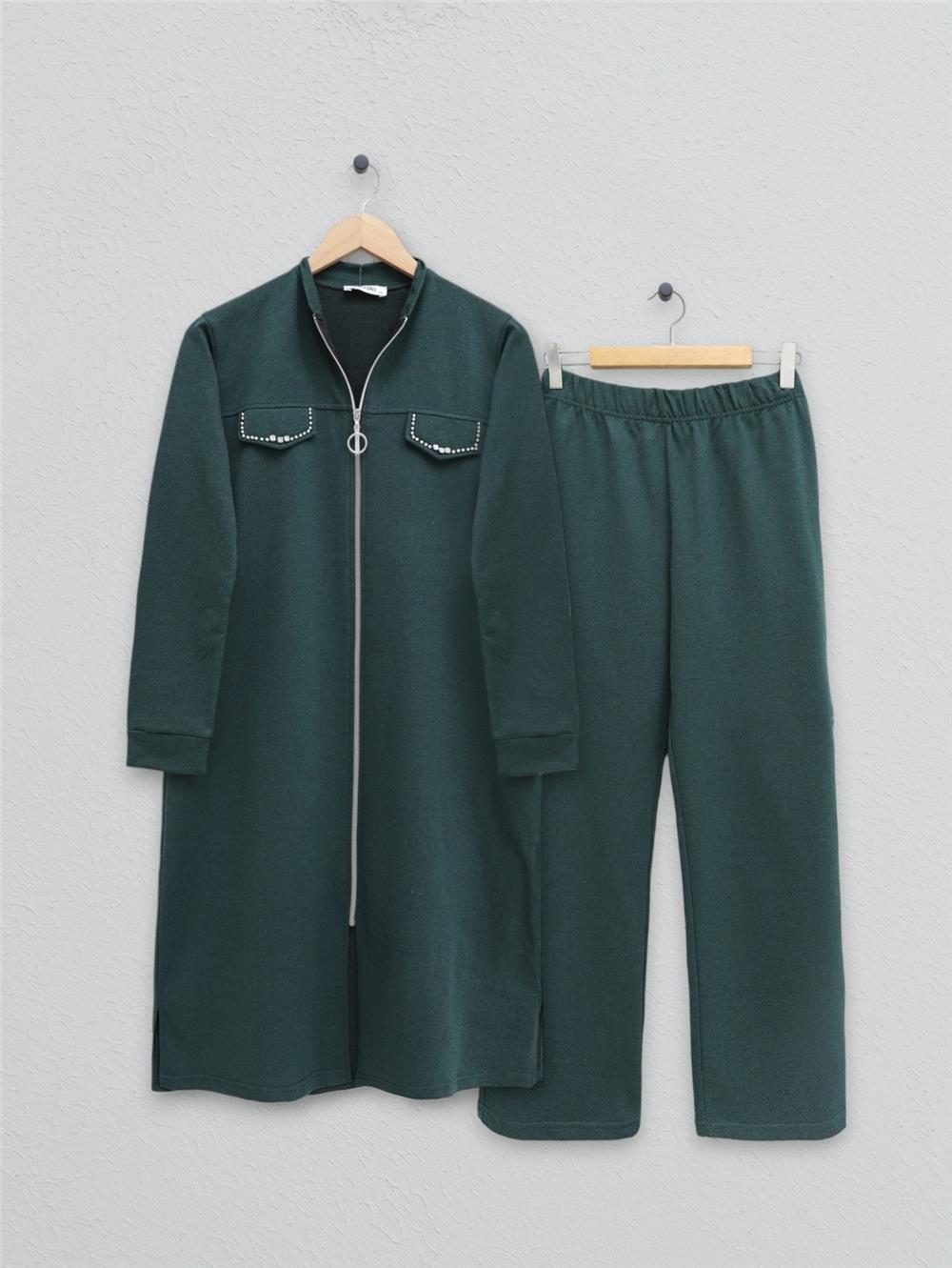 Hooded, Zippered, Stone Detailed Regenerated Suit - Emerald-332-03058-R17