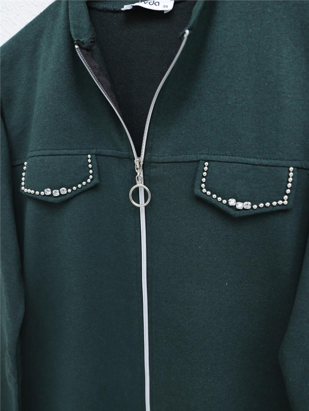 Hooded, Zippered, Stone Detailed Regenerated Suit - Emerald-332-03058-R17