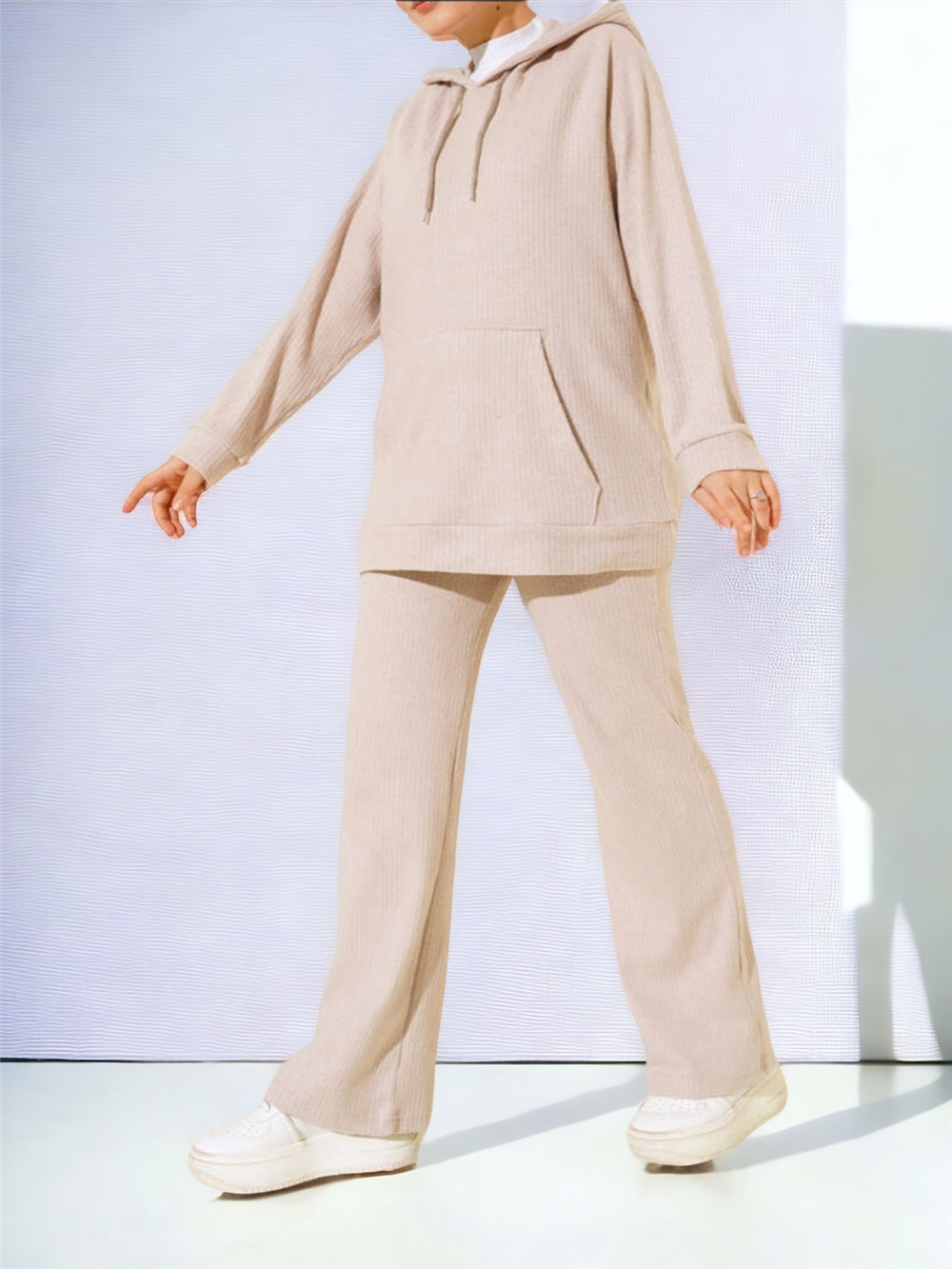 Hooded Kangaroo Pocket Corded Suit -Beige-253-12877-R56