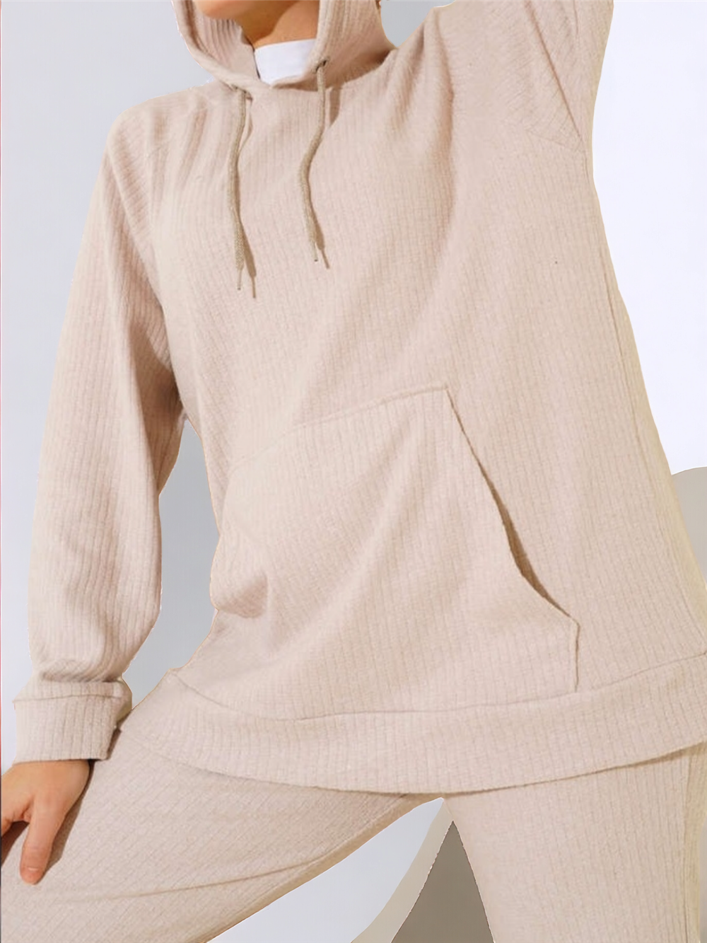 Hooded Kangaroo Pocket Corded Suit -Beige-253-12877-R56